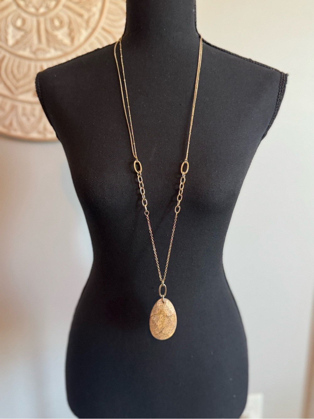 Gold Long Pendant Necklace with Textured Oval Charm